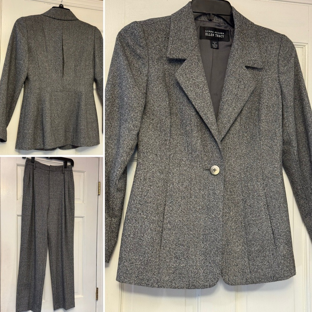 Linda Allard Ellen Tracy Grey 100% Wool Pant Suit Blazer 6P Trousers 4P Set